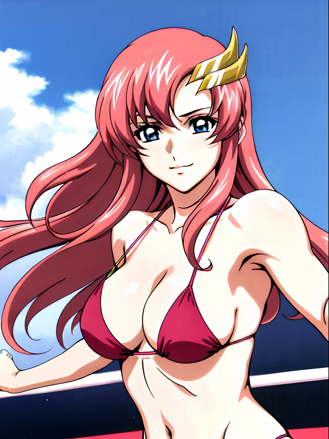 (masterpiece, upper body view, 8k, Best Quality, Anime style: 1.9,, Adult Woman, ultra detailed face, (cloud background, wrestling), Drawing lines, high resolution, Anime, lacus4), 1girl, Solo, curvy figure, Long hair, 鎖骨, scapular, (Detailed wide hair bangs, Hair Ornament, Detailed reddish-pink hair, golden crest), cleavage, large hands, (female pro wrestler). (Big blue eyes, shiny eyes), ((female pro wrestler, slender body, broad shoulders, closed fists, flexing both arms)), ((perfect proportions, medium breasts, long belly)), (((micro bikini, pink wrestling gear))), gentle, smile, (standing, looking at the viewer)