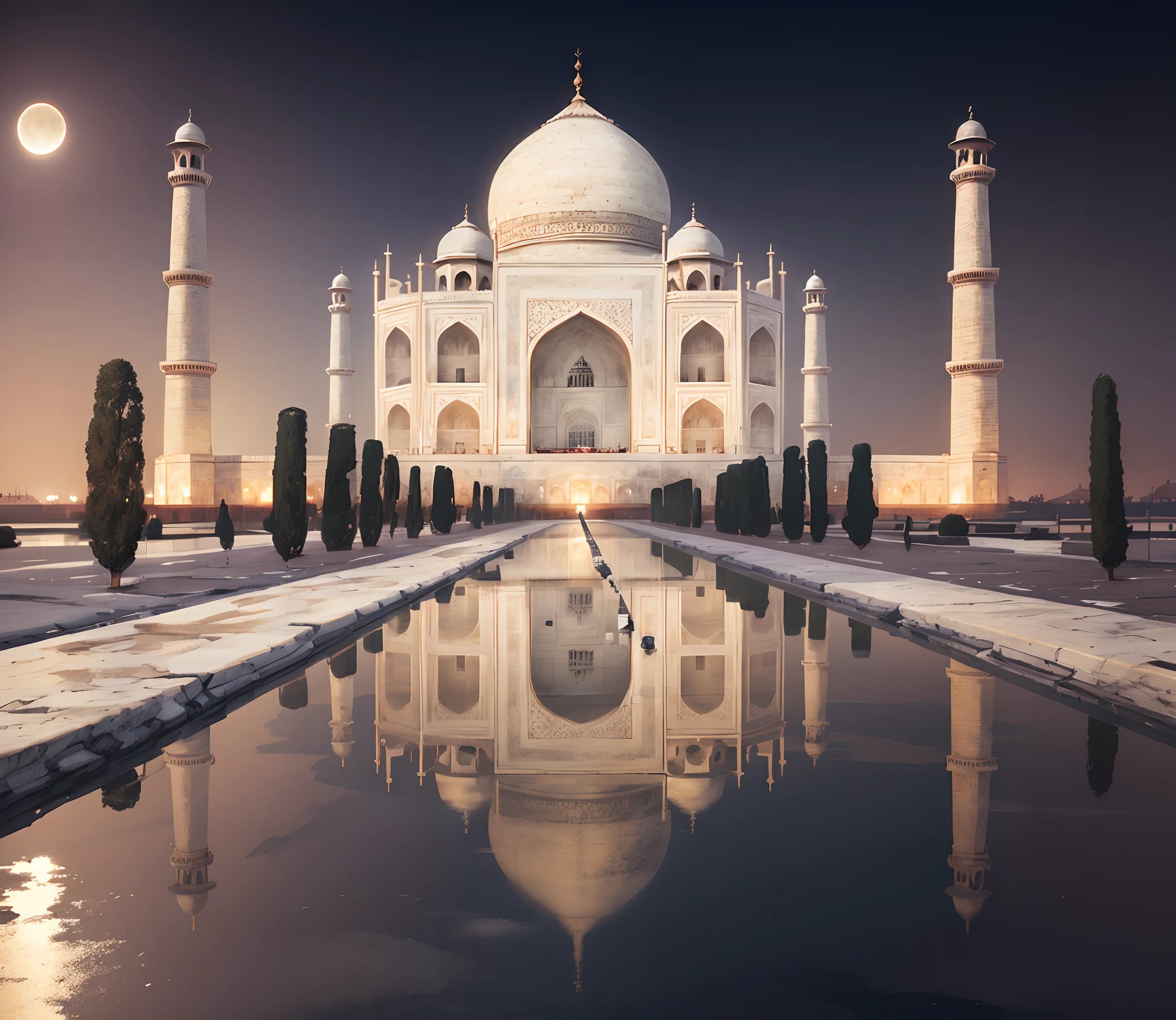 A breathtaking illustration of the Taj Mahal at night, with moonlight casting a soft glow on the magnificent white marble structure. Intricate details capture the intricate arches, domes, and minarets, while clean lines bring out the elegance of the architecture. The composition highlights the symmetry and grandeur of the scene. Soft tones and a touch of anime realism create a dreamlike atmosphere. A perfect illustration, best quality, intricate details, clean lines, eye-catching composition, soft tones, anime realism