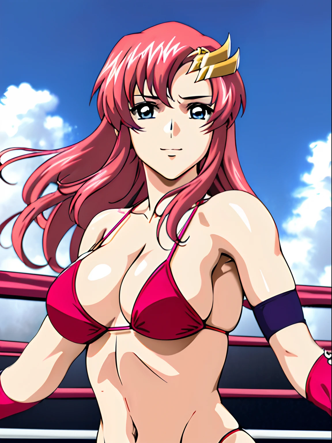 (masterpiece, upper body view, 8k, Best Quality, Anime style: 1.9,, Adult Woman, ultra detailed face, (cloud background, wrestling), Drawing lines, high resolution, Anime, lacus4), 1girl, Solo, curvy figure, Long hair, 鎖骨, scapular, (Detailed wide hair bangs, Hair Ornament, Detailed reddish-pink hair, golden crest), cleavage, large hands, (female pro wrestler). (Big blue eyes, shiny eyes), ((female pro wrestler, slender body, broad shoulders, closed fists, flexing both arms)), ((perfect proportions, medium breasts, long belly)), (((micro bikini, pink wrestling gear))), gentle, smile, (standing, looking at the viewer)