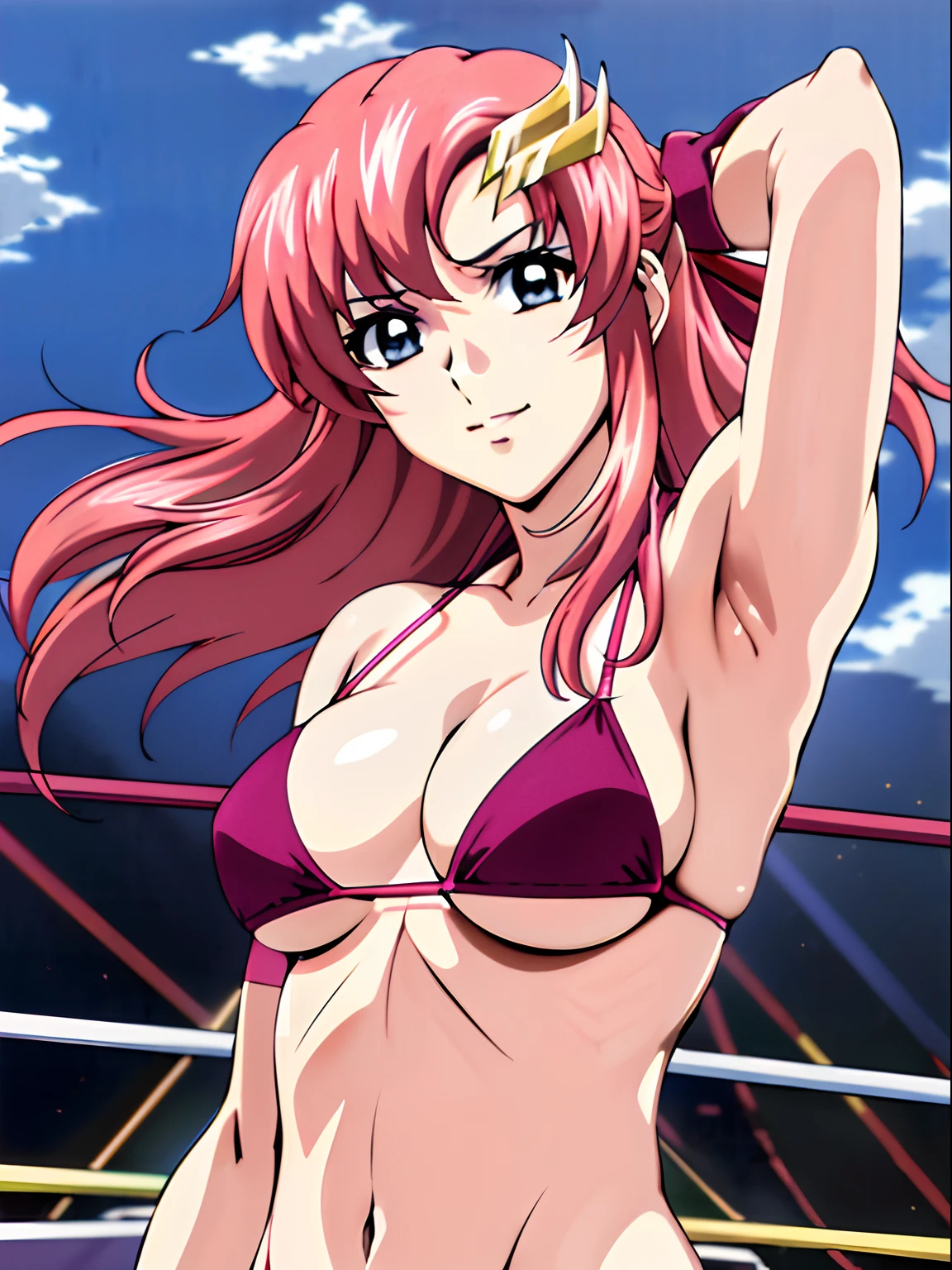 (masterpiece, upper body view, 8k, Best Quality, Anime style: 1.9,, Adult Woman, ultra detailed face, (cloud background, wrestling), Drawing lines, high resolution, Anime, lacus4), 1girl, Solo, curvy figure, Long hair, 鎖骨, scapular, (Detailed wide hair bangs, Hair Ornament, Detailed reddish-pink hair, golden crest), cleavage, large hands, (female pro wrestler). (Big blue eyes, shiny eyes), ((female pro wrestler, slender body, broad shoulders, closed fists, flexing both arms)), ((perfect proportions, medium breasts, long belly)), (((micro bikini, pink wrestling gear))), gentle, smile, (standing, looking at the viewer)