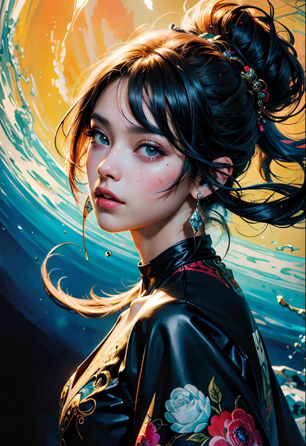 A colorful anime woman emerges from a fluid black ink flow, her vibrant colors bringing life to an 8k photorealistic masterpiece. With intricately detailed gouache painting by Jean Baptiste Mongue, her ethereal beauty is enhanced by calligraphy, acrylic and watercolor art. Professional photography captures her in natural lighting and volumetric lighting, creating a maximalist photoillustration. This 8k resolution concept art is intricately detailed, complex, elegant, expansive, and fantastical.