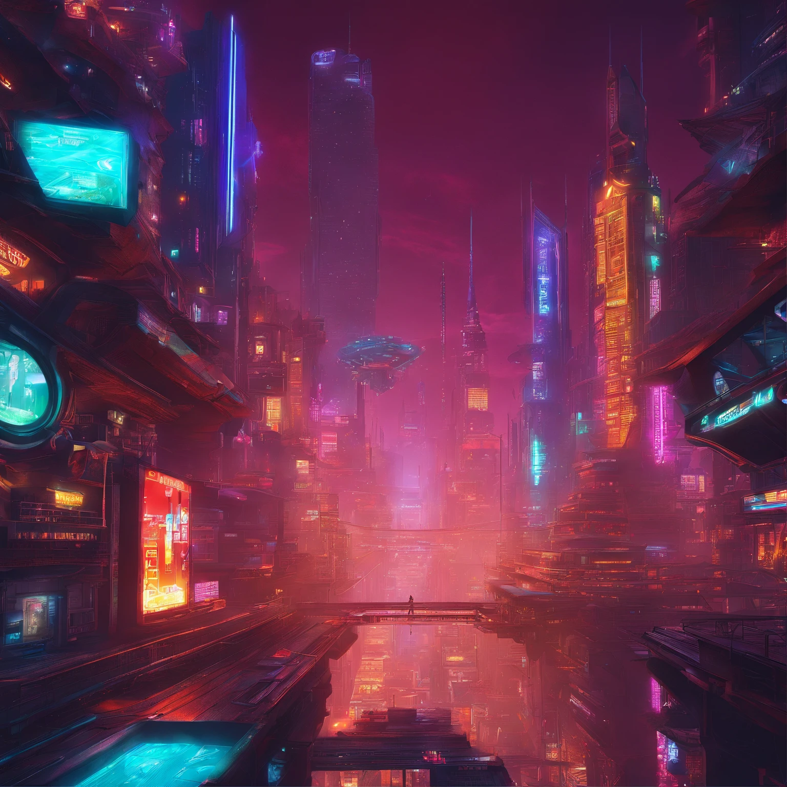 Create futuristic transcendentalist works of art, Imagine a floating city in the sky, The building structure is complex,Technologically advanced. Depict this futuristic city in rich detail, Capture bright lights, Suspended platforms and crisscrossing aircraft.