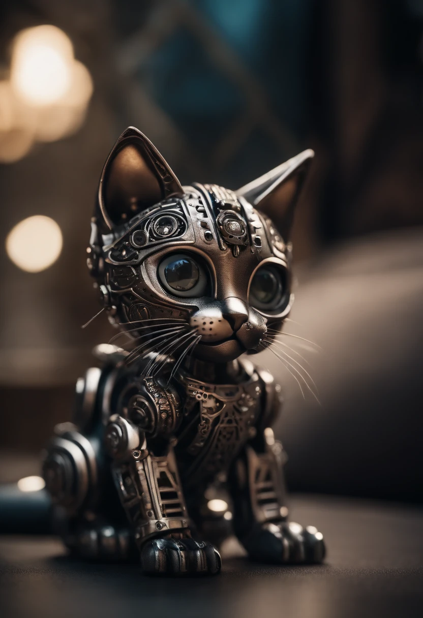 A cute kitten made of metal, robot, cyberpunk style, ((intricate details)), hdr, ((intricate details, super detailed)), cinematic footage, vignette