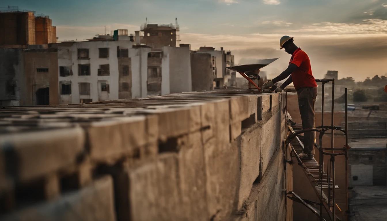 Photo of a civil construction professional placing cement on a wall atop a scaffolding. A baixo dele esta outra pessoa mechendo massa no piso