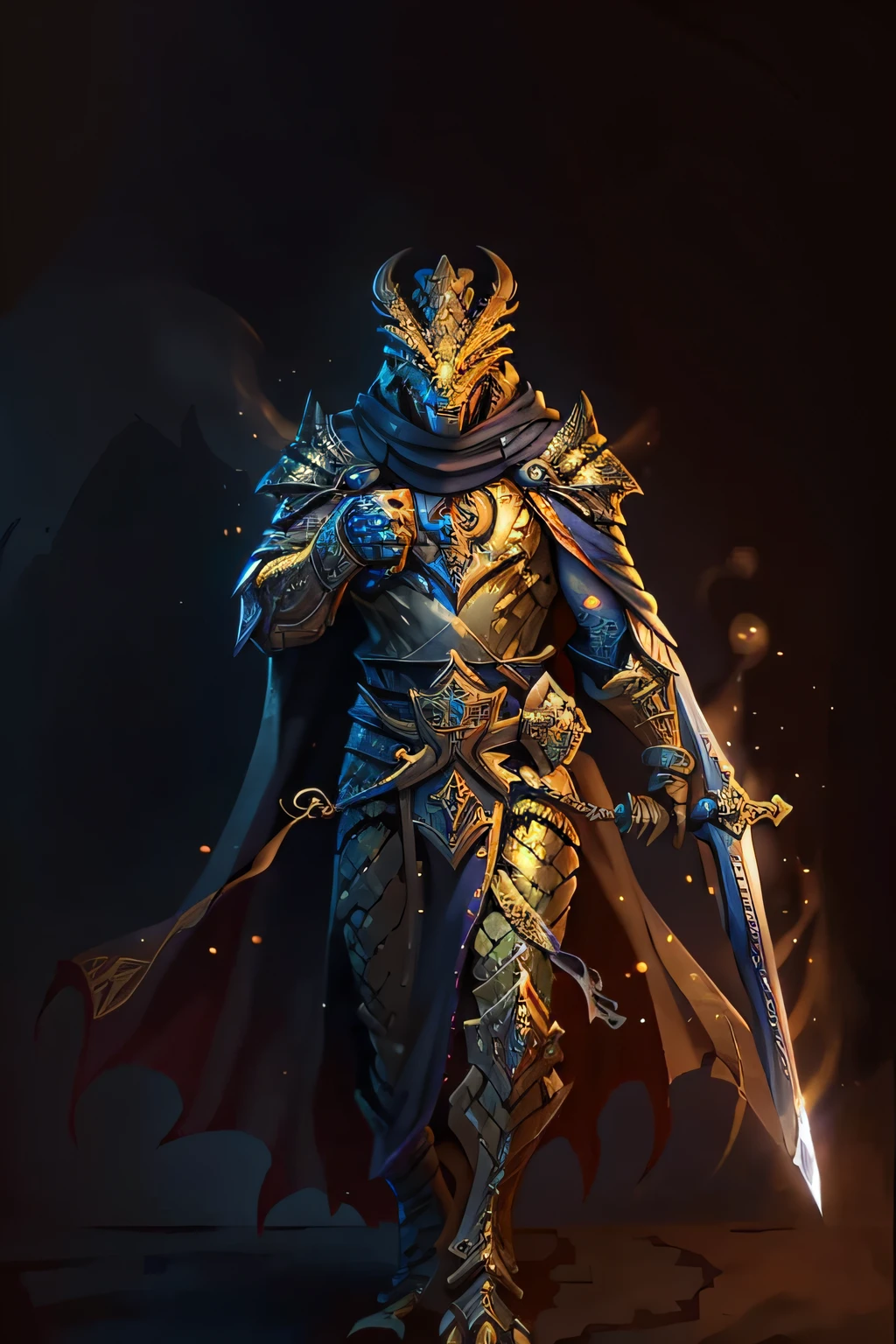 arafed high details, best quality, 8k, [ultra detailed], masterpiece, best quality, (extremely detailed), dynamic angle, ultra wide shot, photorealistic, RAW, fantasy art, dnd art, fantasy art, realistic art, a wide angle picture of a dragonborn paladin ready for battle, full body (intense details, Masterpiece, best quality: 1.5), D&D dragonborn, gold scales dragonborn, dynamic eyes color, reptilian eyes, wearing heavy armor, wearing cloak, long cloak, flowing cloak, dynamic colors, wearing holy symbol (intense details, Masterpiece, best quality: 1.5), armed with magic sword (intense details, Masterpiece, best quality: 1.5), holy avenger sword, sword have yellow aura (intense details, Masterpiece, best quality: 1.5), holding a shield (intense details, Masterpiece, best quality: 1.5), dark temple, evil temple background, sense of action, atmosphere of danger