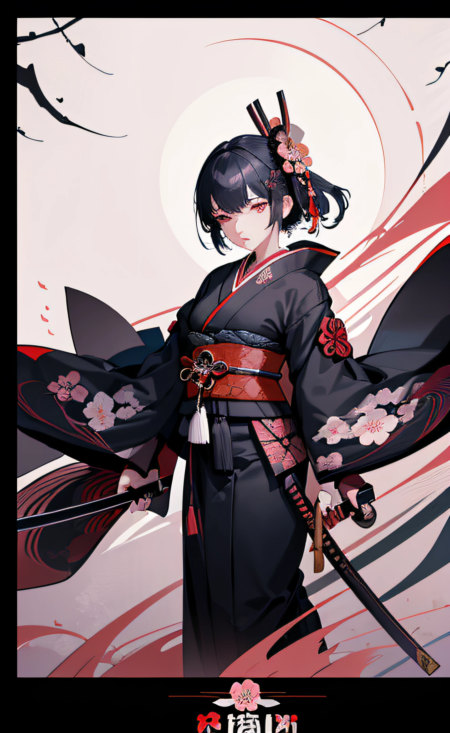 highly detailed, sexy female ronin, samurai, cherry blossom flowers border, japanese tattoos, katana, japan, night, moonlight, vector style art, erotic, movie poster style, lettering. movie poster, masterpiece, best quality, 1girl, (Bauhaus, shapes, lines, abstract:1.1)