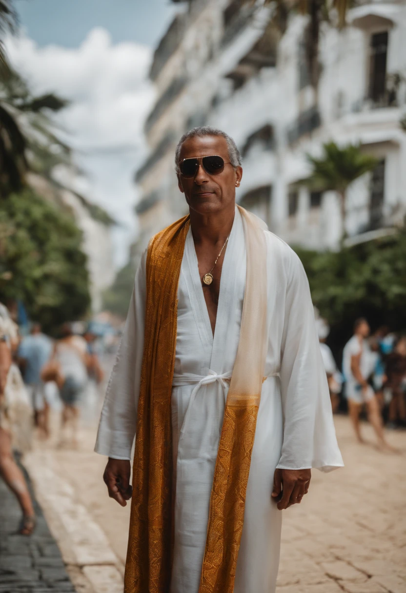 Close-up portrait of a man in robes standing in Rio de Janeiro, reflexo de lente, sandals, bandana,no sol do rio de janeiro,com um celular na mao e ventilador,deitado numa rede,rosto realista e corpo inteiro solsao na praia corpo realista,sandalias reListas,HdR,realista