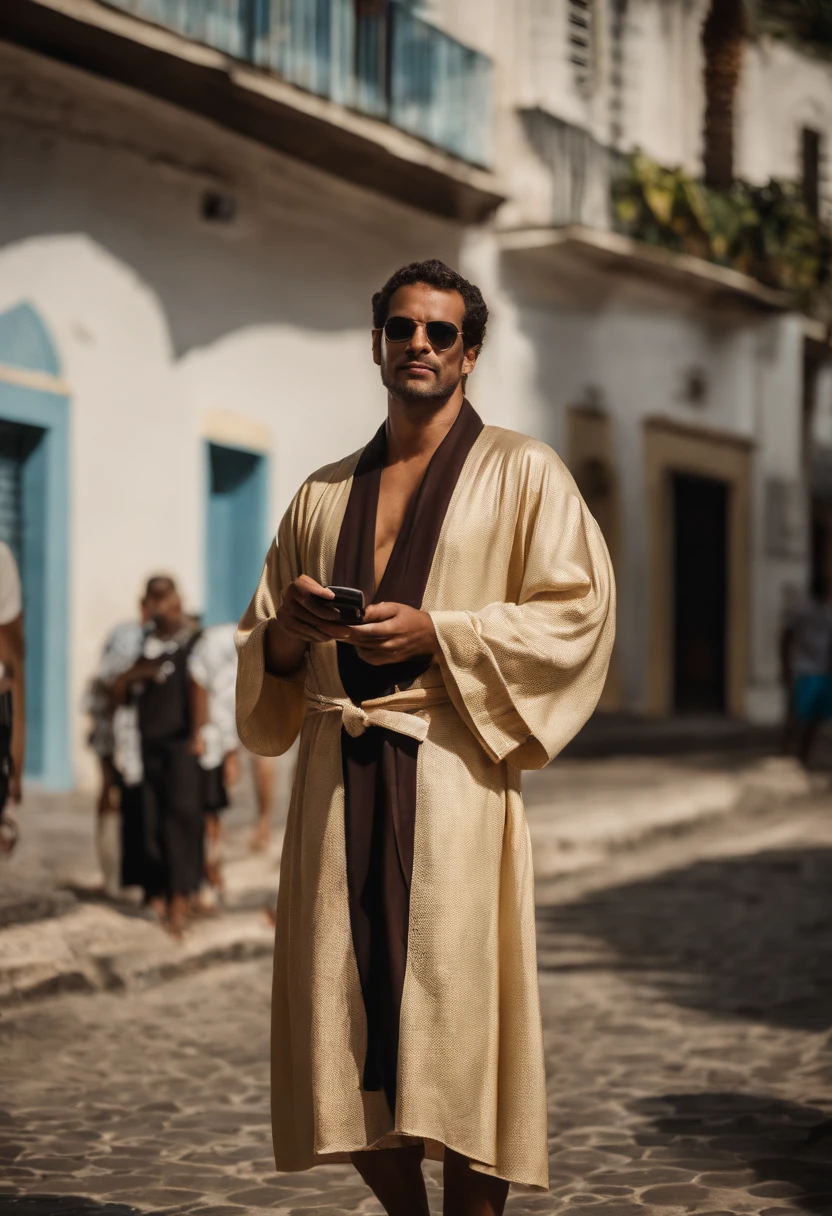 Close-up portrait of a man in robes standing in Rio de Janeiro, reflexo de lente, sandals, bandana,no sol do rio de janeiro,com um celular na mao e ventilador,deitado numa rede,rosto realista e corpo inteiro solsao na praia corpo realista,sandalias reListas,HdR,realista
