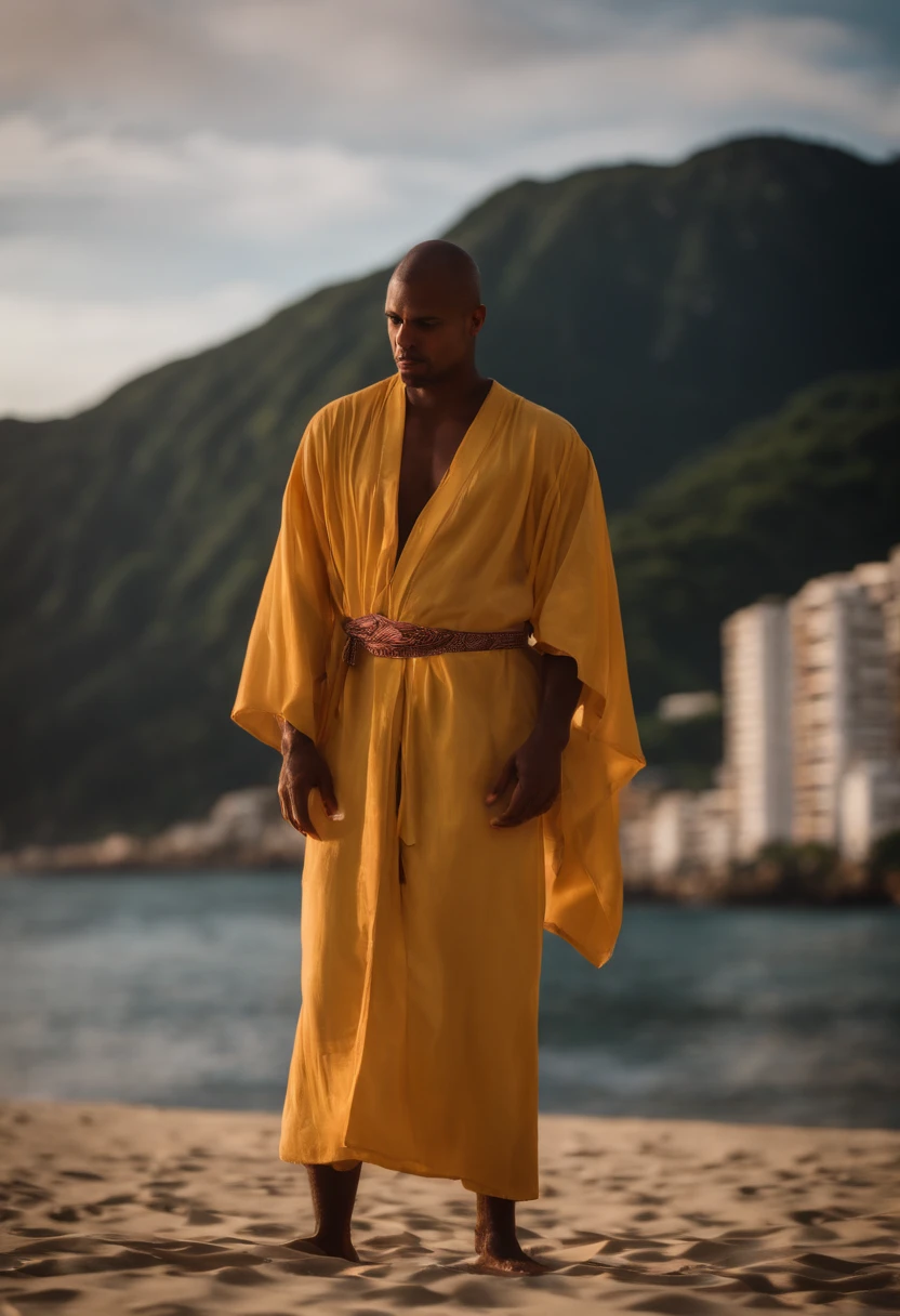 Close-up portrait of a man in robes standing in Rio de Janeiro, reflexo de lente, sandals, bandana,no sol do rio de janeiro,com um celular na mao e ventilador,deitado numa rede,rosto realista e corpo inteiro solsao na praia corpo realista,sandalias reListas,HdR,realista