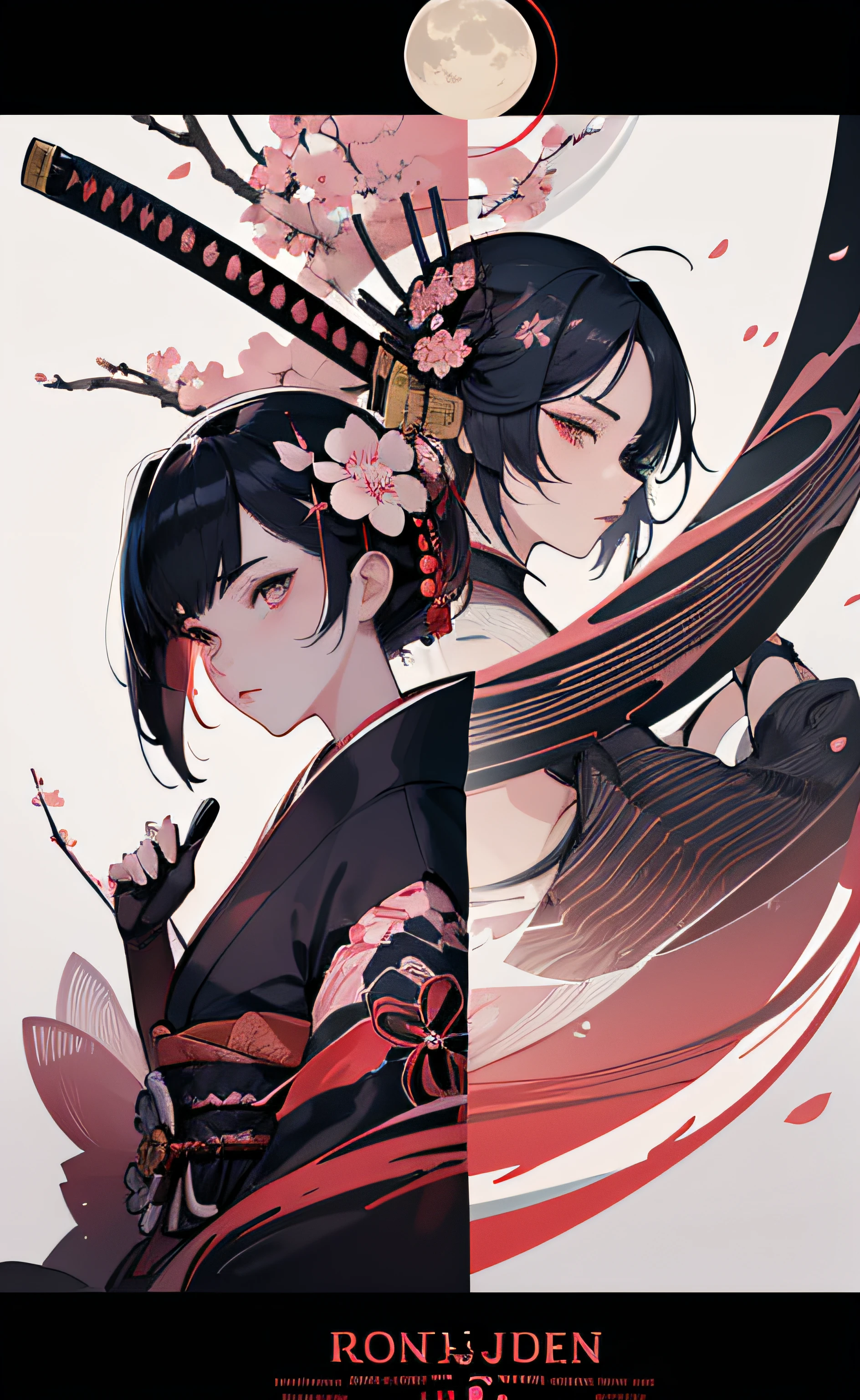 highly detailed, sexy female ronin, samurai, cherry blossom flowers border, japanese tattoos, katana, japan, night, moonlight, vector style art, erotic, movie poster style, lettering. movie poster, masterpiece, best quality, 1girl, (Bauhaus, shapes, lines, abstract:1.1)