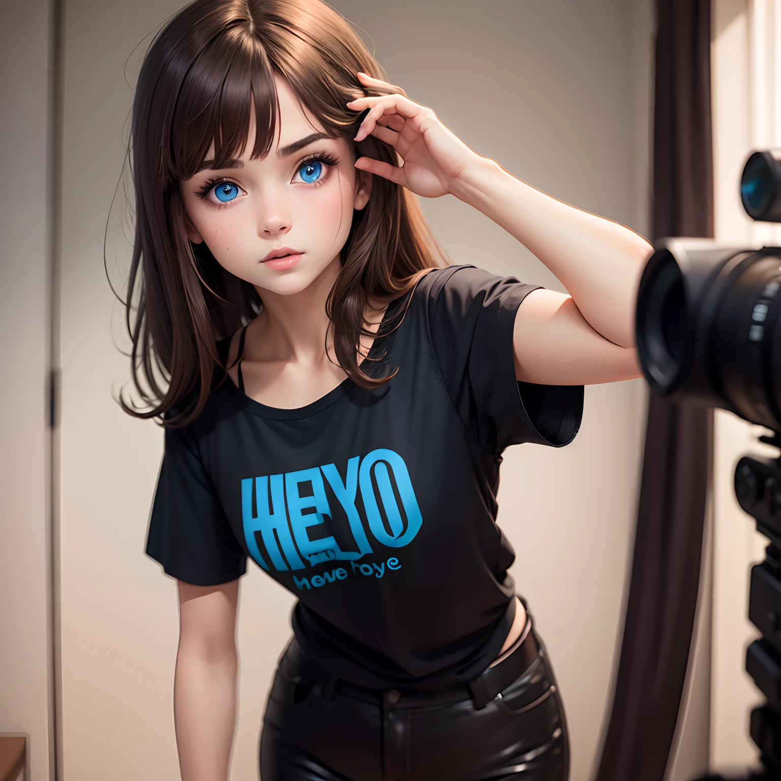Girl with brown hair, blue eyes and a black shirt, shoots a video and shows hello