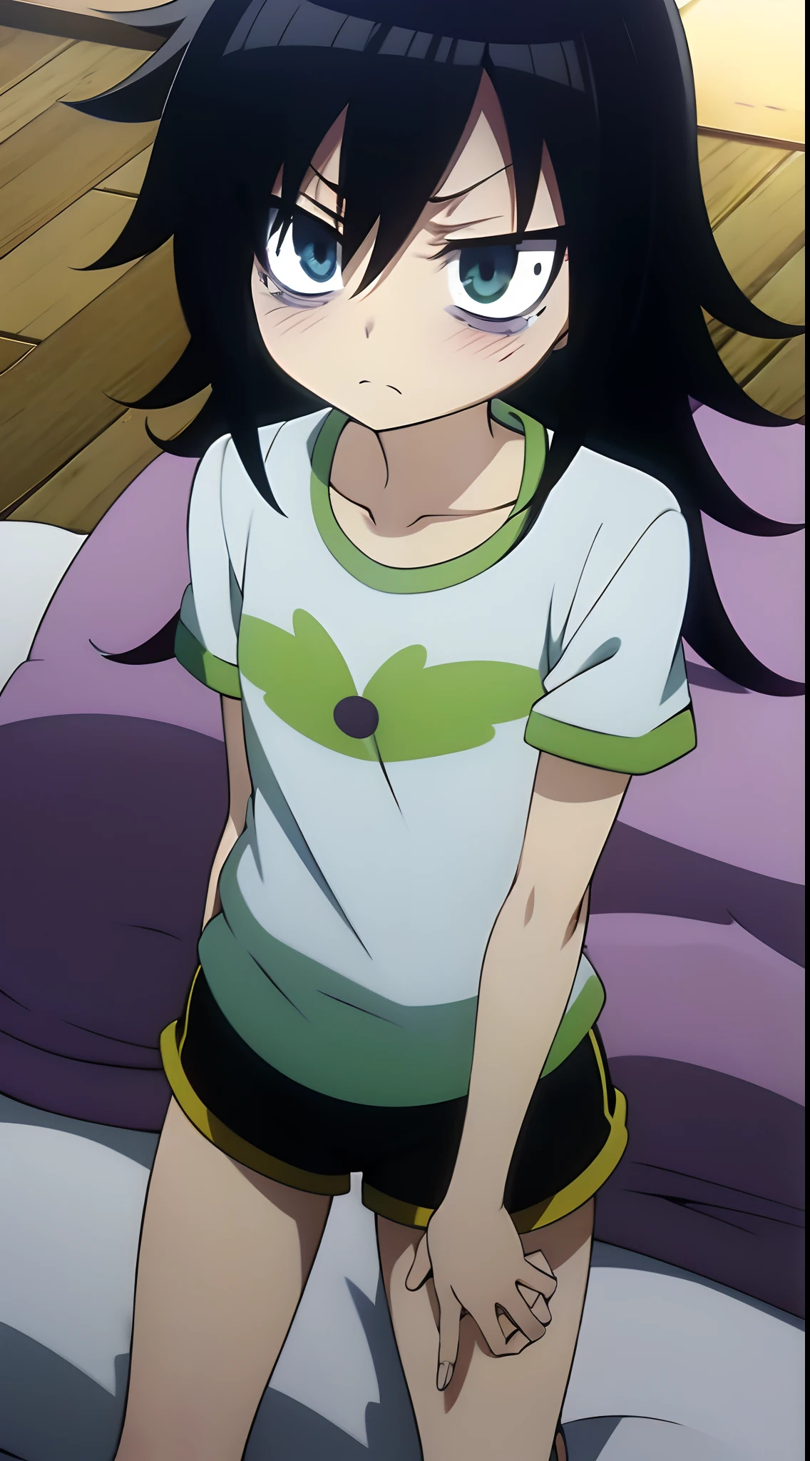 Tomoko kuroki, serious face, cansado, pijama de manga longa, shorts, Deitado na cama, Top view, messy hair, fiel ao personagem, olhando o espectador, cena de watamote, cores nao vibrantes, olhos cansados