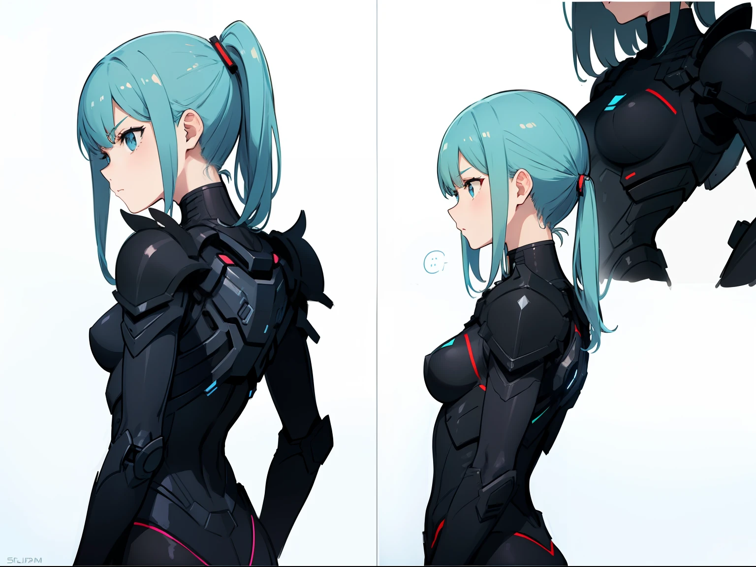 girl wearing a lightly armoured body suit, sci-fi themes, chest armour, shoulder armour, gundam,master part, best quality, arte oficial, Sketch line diagram, eye blue, front view, back view, and side view of character,