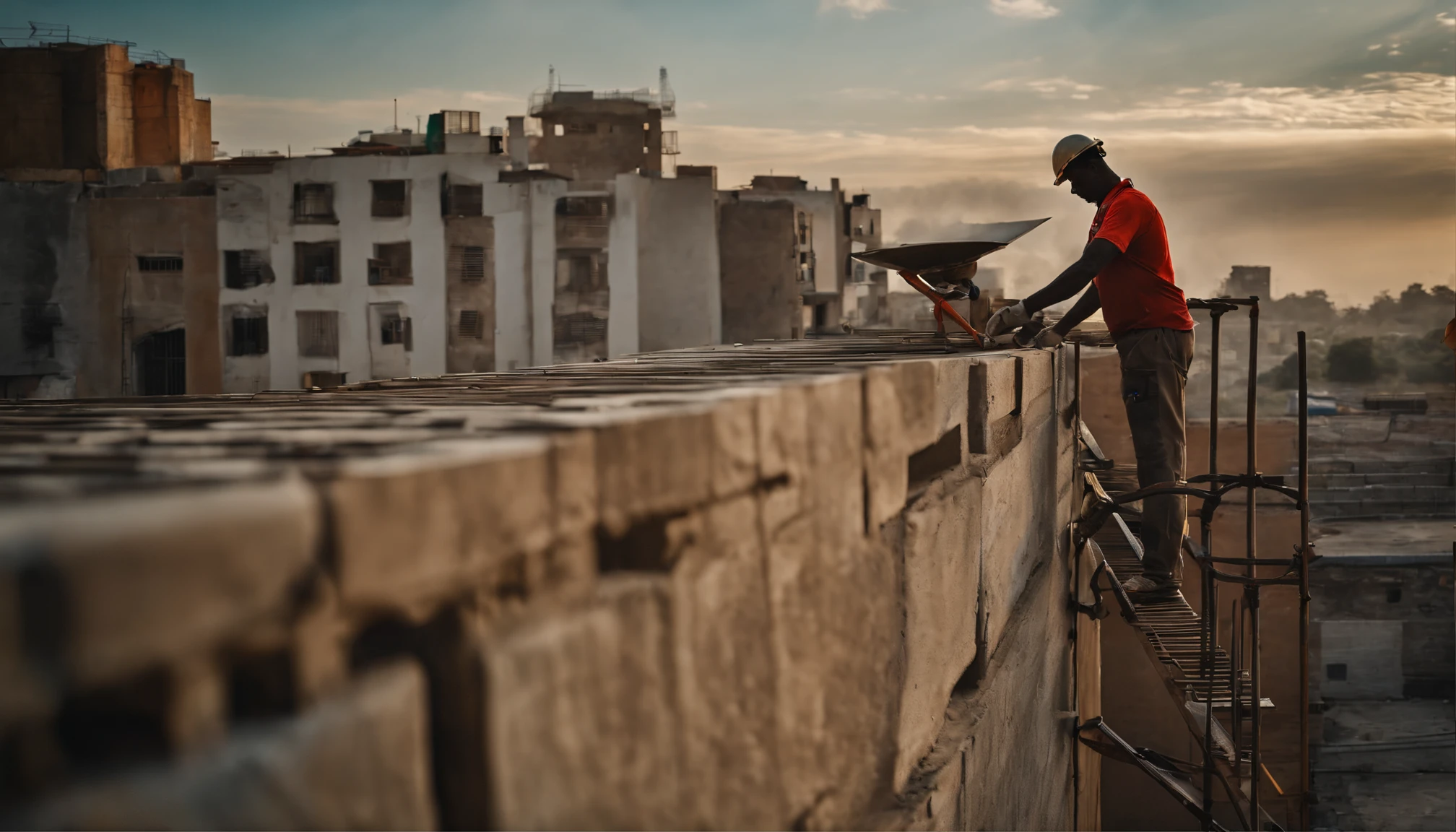 Photo of a civil construction professional placing cement on a wall atop a scaffolding. A baixo dele esta outra pessoa mechendo massa no piso