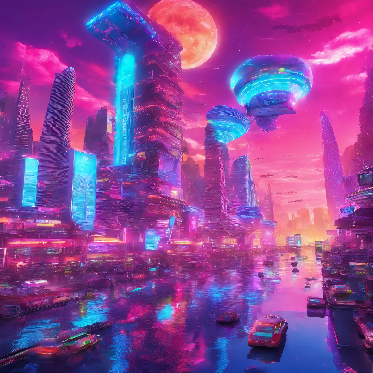 Create futuristic transcendentalist works of art, Imagine a floating city in the sky, The building structure is complex,Technologically advanced. Depict this futuristic city in rich detail, Capture bright lights, Suspended platforms and crisscrossing aircraft.