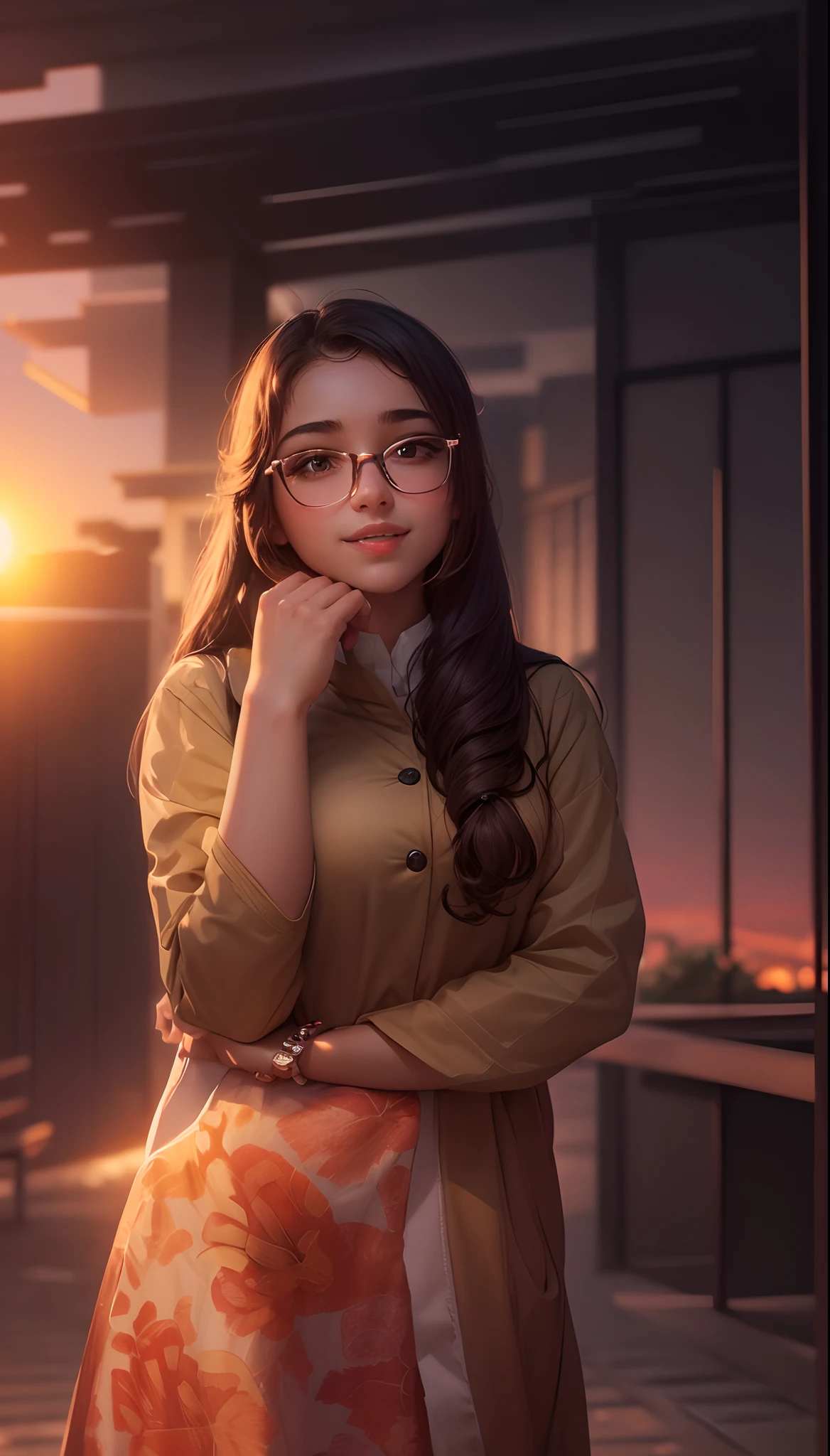 Cute smart sweet girl sun set view 4k