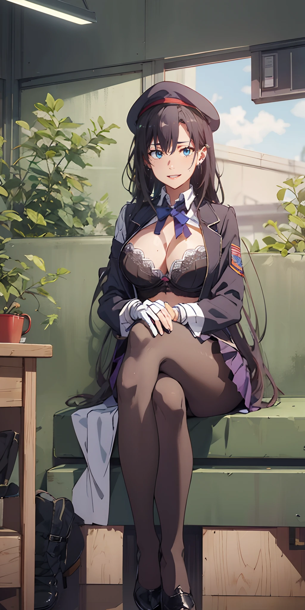 sensei, (black hair, long hair:1.5), blue eyes, 1girl, breasts, gloves, lace-trimmed_bra, lace, bra, skirt, underwear, solo, looking_at_viewer, crossed_legs, pantyhose, large_breasts, sitting, cleavage, purple_bra, bra_through_clothes, beret, white_gloves, high_heels, mole_on_breast, black_footwear, black_legwear, black_skirt, frills, earrings, mole, black_bra, uniform, flower, long_sleeves, miniskirt, panties, military, military_uniform, sweat, lace-trimmed_panties, jewelry