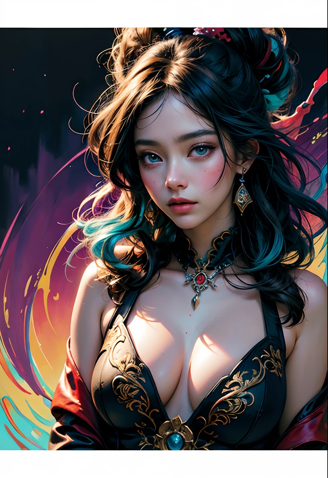 A colorful anime woman emerges from a fluid black ink flow, her vibrant colors bringing life to an 8k photorealistic masterpiece. With intricately detailed gouache painting by Jean Baptiste Mongue, her ethereal beauty is enhanced by calligraphy, acrylic and watercolor art. Professional photography captures her in natural lighting and volumetric lighting, creating a maximalist photoillustration. This 8k resolution concept art is intricately detailed, complex, elegant, expansive, and fantastical.