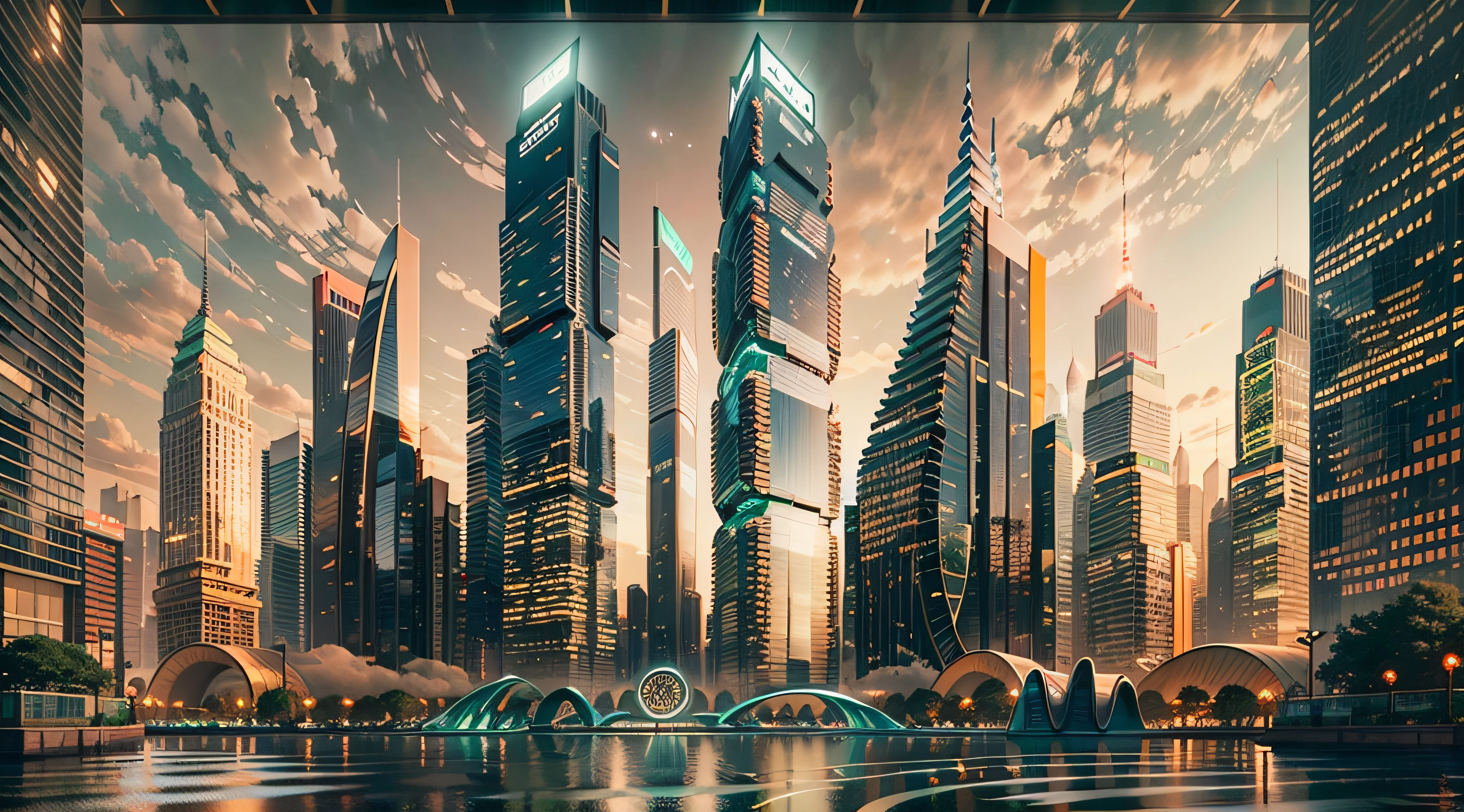 A close up of a city with a fountain in the middle of it - SeaArt AI