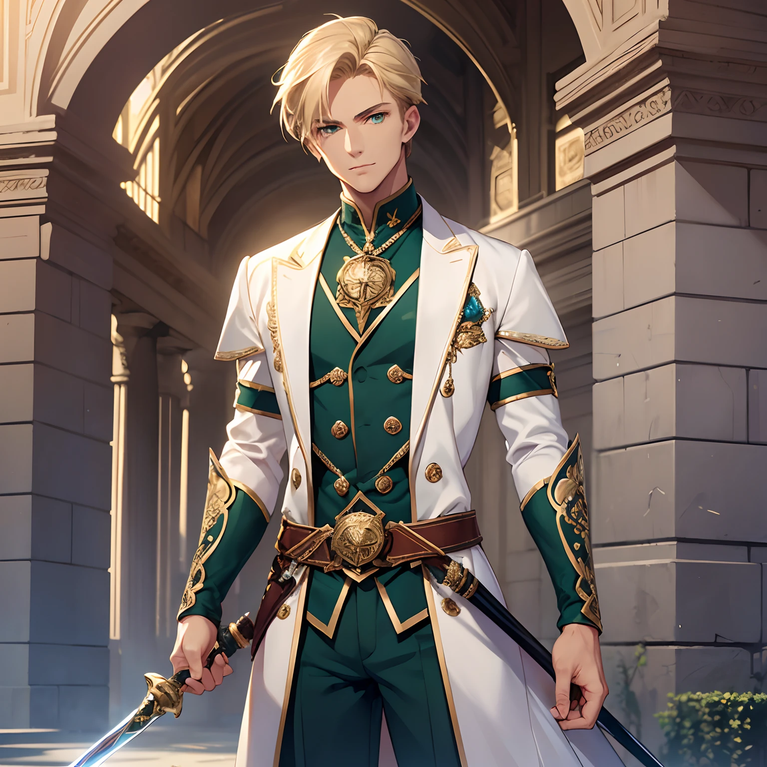 (masterpiece), (best quality), (ultra detailed), 1man, handsome, short blond hair, green eyes, wearing a silk rope, magician, carrying a rapier, handwear: rapier, soft smile, slim body, boyish good looks, standing beneath the sun