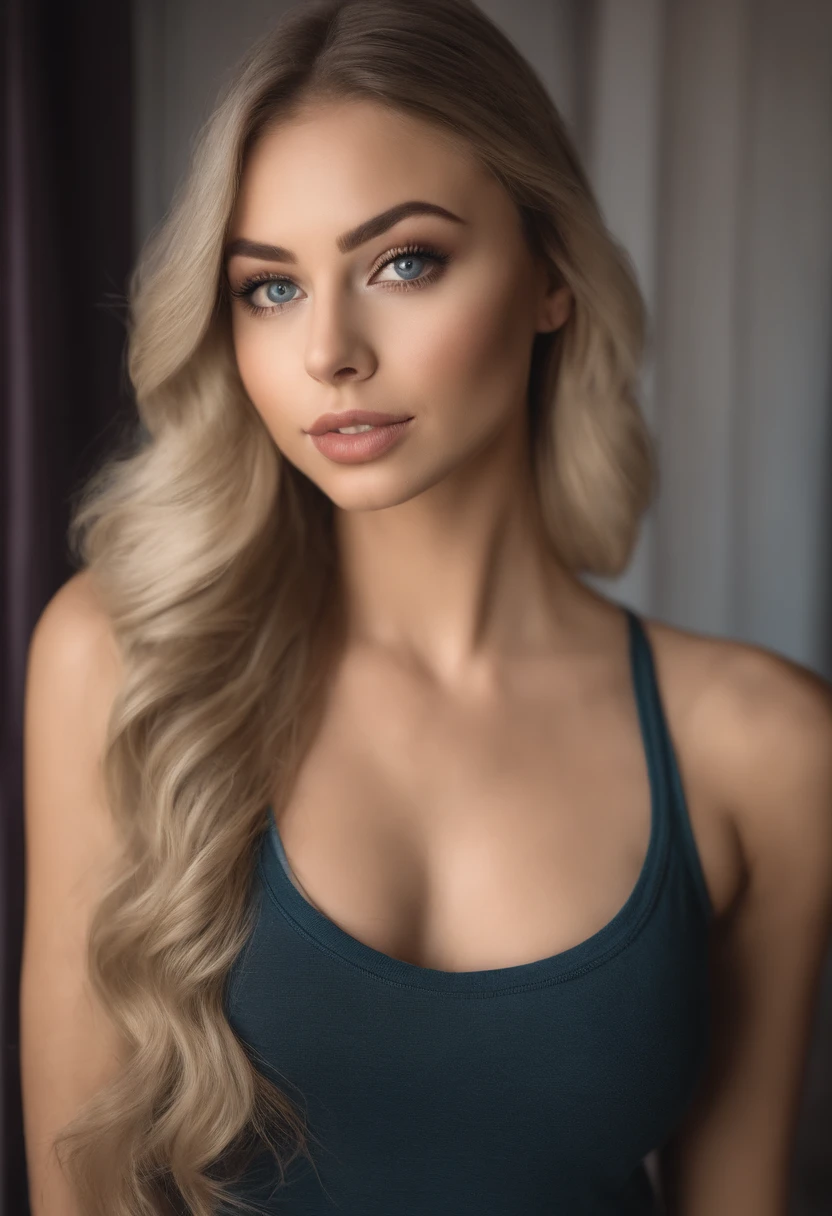woman with matching tank top and panties, Sexy girl with blue eyes, portrait sophie mudd, portrait corinna kopf, blonde hair and large eyes, Selfie einer jungen Frau, Augen im Schlafzimmer, Violet Myers, ohne Make-up, Natural makeup, Blick direkt in die Kamera, Gesicht mit Artgram, dezentes Make-up, Stunning full body shot, im Schlafzimmer, Spaltung