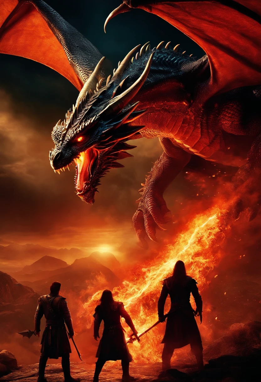 A dark world,dragons attacking on peoples, fire