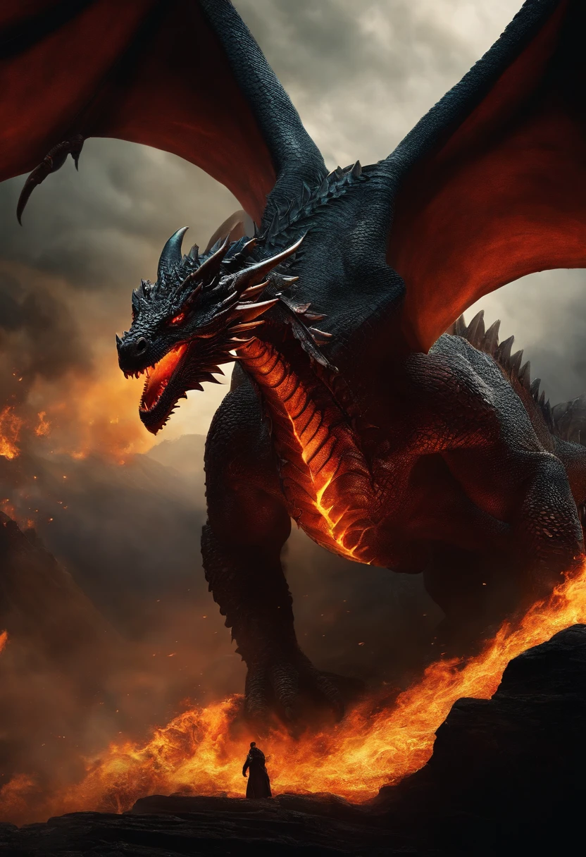 A black big dragon eating another dragon with fire