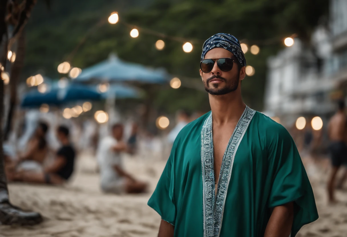 a man in robes standing in Rio de Janeiro, reflexo de lente, sandals, bandana,no sol do rio de janeiro,com um celular na mao e ventilador,deitado numa rede,rosto realista e corpo inteiro solsao na praia corpo realista,sandalias reListas,HdR,Realistic with tattoo and a cap.