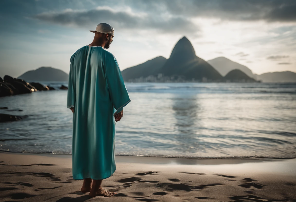 a man in robes standing in Rio de Janeiro, reflexo de lente, sandals, bandana,no sol do rio de janeiro,com um celular na mao e ventilador,deitado numa rede,rosto realista e corpo inteiro solsao na praia corpo realista,sandalias reListas,HdR,Realistic with tattoo and a cap.