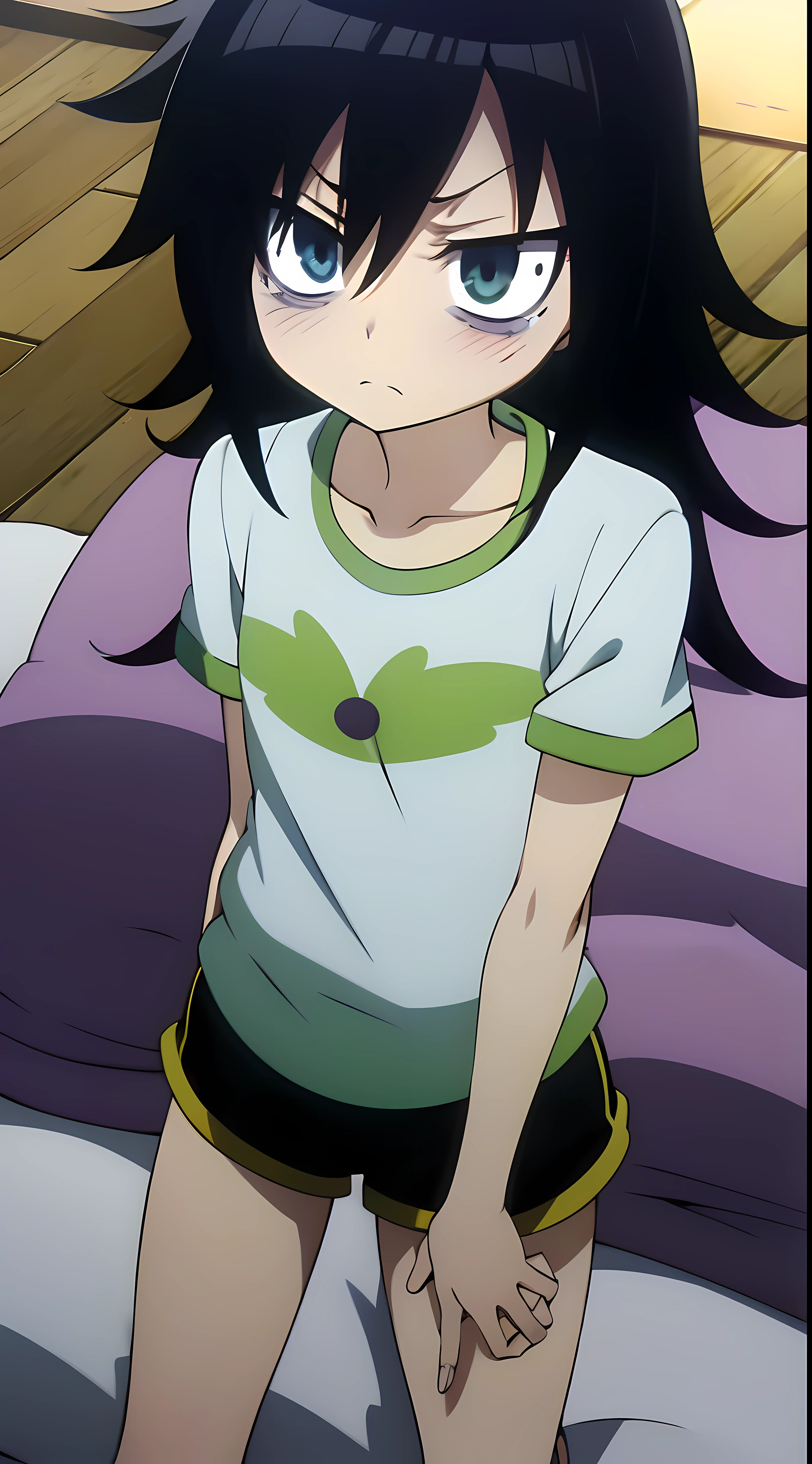 Tomoko kuroki, serious face, cansado, pijama de manga longa, shorts, Deitado na cama, Top view, messy hair, fiel ao personagem, olhando o espectador, cena de watamote, cores nao vibrantes, olhos cansados