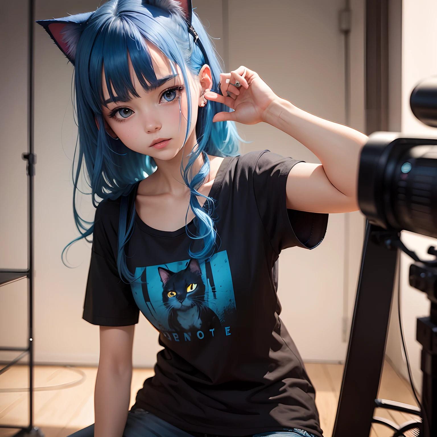 A elementary scholar nine tail fox childgirl playing games in her pc. Her face is facing towards the camera. She smiles. She has light blue hair. She wears a small blue coloured tank top. She use a pink headset. She has a sparkling pink eyes. She is cute, cunning, beautiful, stunning, and sparkling. She has small breast. She has a very long hair and tail. Her hands are making love mark. Her thigh is lifted.
