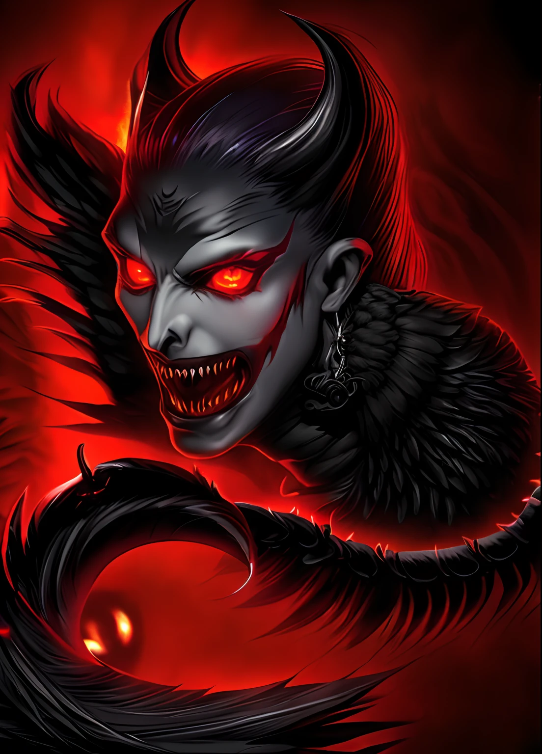 demon, Raven Wings, red-eyes, Thin body, disheveled hair, scary face, red-eyes,
