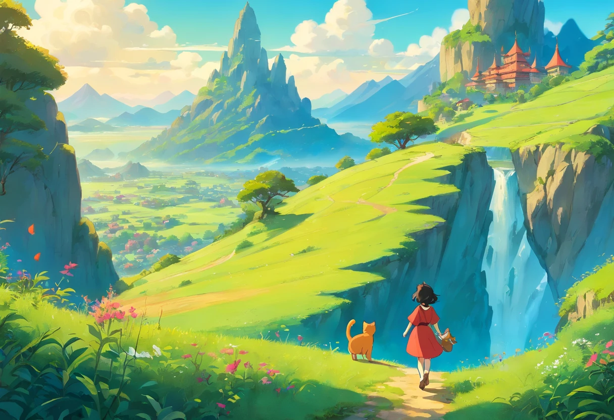 ((1girl in a fantastic landscape playing with her cat)),((fantasia)),Beautiful,((fantasia)),circunstanciado,4k,master part,ghibli studio