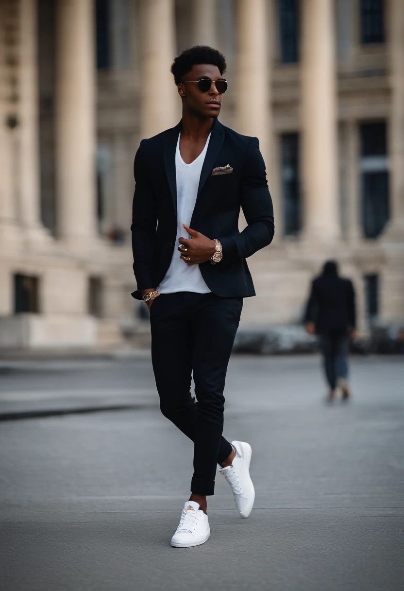 full head to toes picture of very a smart, different stylish and expensive masculine male fashion, 21 years old and very handsome and attractive masculine black guy, real serious attractive masculine facial expressions