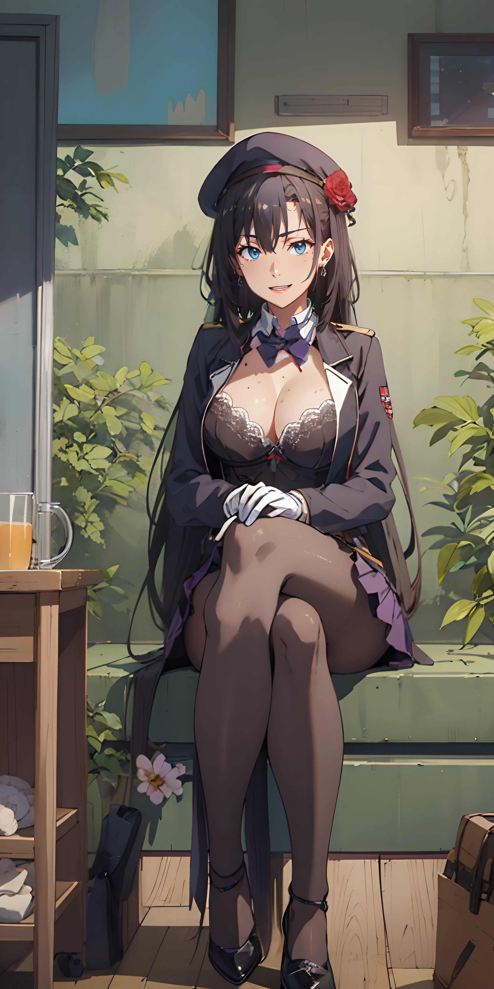 sensei, (black hair, long hair:1.5), blue eyes, 1girl, breasts, gloves, lace-trimmed_bra, lace, bra, skirt, underwear, solo, looking_at_viewer, crossed_legs, pantyhose, large_breasts, sitting, cleavage, purple_bra, bra_through_clothes, beret, white_gloves, high_heels, mole_on_breast, black_footwear, black_legwear, black_skirt, frills, earrings, mole, black_bra, uniform, flower, long_sleeves, miniskirt, panties, military, military_uniform, sweat, lace-trimmed_panties, jewelry