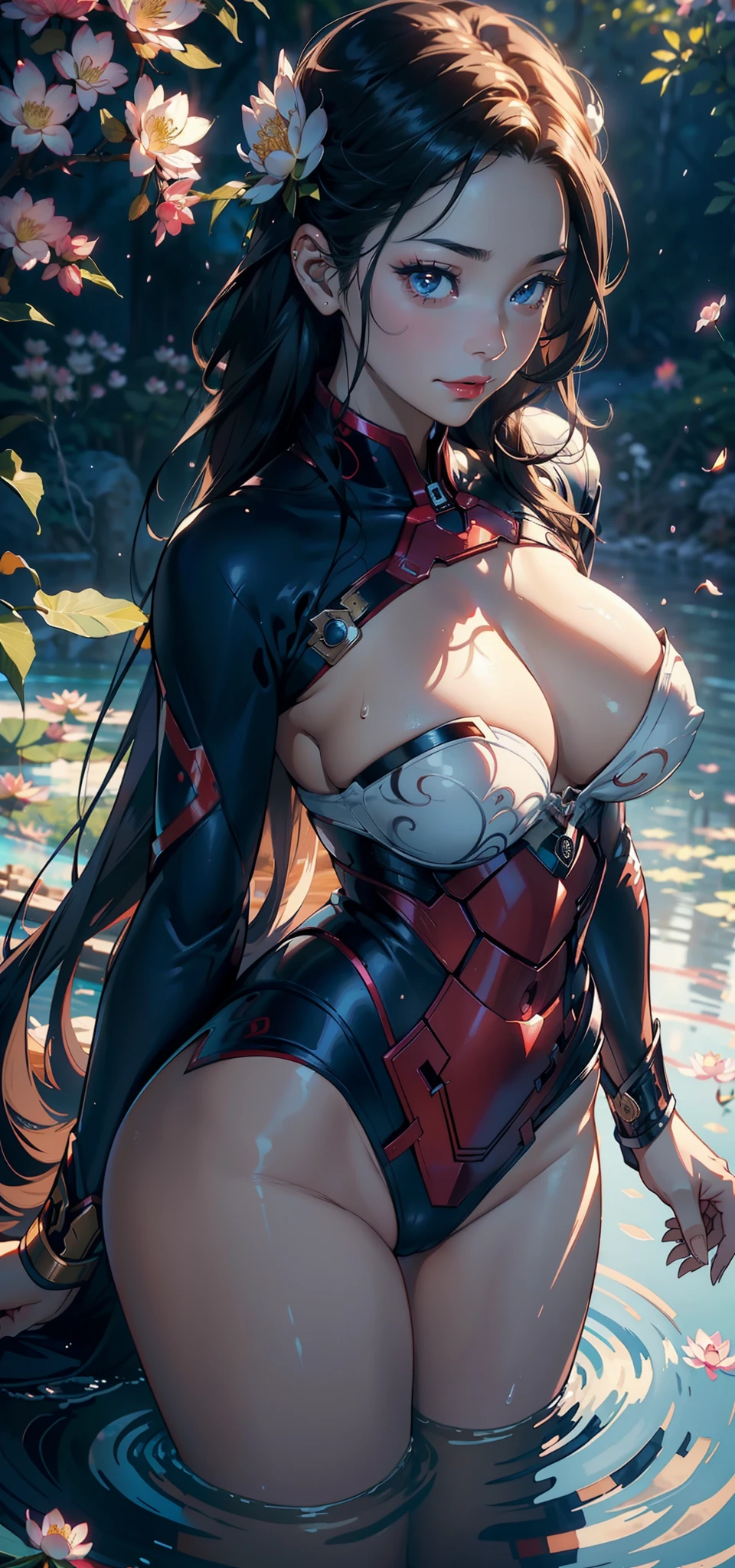 1female,35yo,A MILF,熟妇,Married Woman,plumw,extremely large bosom, 独奏,(Background with:lakes,Cherry blossom forest,lotus flower)Lie on your back under water, The long hair she has,seen from the front,, mostly cloudy sky,(((tmasterpiece),(Very detailed CG unity 8K wallpaper),best qualtiy,cinmatic lighting,detailed back ground,beatiful detailed eyes,Bright pupils,Black eyes,Snow-whiteskin,Redlip(Very fine and beautiful),(Beautiful and detailed eye description),ultra - detailed,tmasterpiece,))facing at camera,A high resolution,ultra - detailed),revealing breasts,Bare genitalia, Bulge,legs are open,Raised sexy,Camel toes,Flushed complexion,Desire for dissatisfaction,ssmile,frontage,(Wearing:Iron Man uniform)Clear blue kimono,sexy big breasts exposed