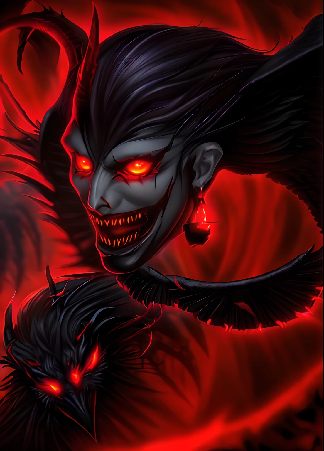 demon, Raven Wings, red-eyes, Thin body, disheveled hair, scary face, red-eyes,