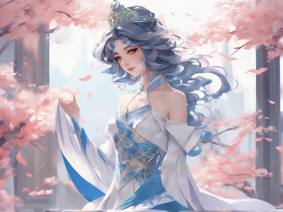 Anime girl and sword in white and blue dress, anime goddess, a beautiful fantasy empress, ((a beautiful fantasy empress)), palatial palace , a girl in hanfu, Cute anime waifu in a nice dress, beautiful alluring anime woman, guweiz on pixiv artstation, guweiz on artstation pixiv, Detailed Digital Anime Art, detailed anime art