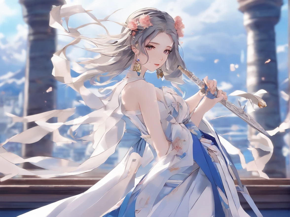 Anime girl and sword in white and blue dress, anime goddess, a beautiful fantasy empress, ((a beautiful fantasy empress)), palatial palace , a girl in hanfu, Cute anime waifu in a nice dress, beautiful alluring anime woman, guweiz on pixiv artstation, guweiz on artstation pixiv, Detailed Digital Anime Art, detailed anime art