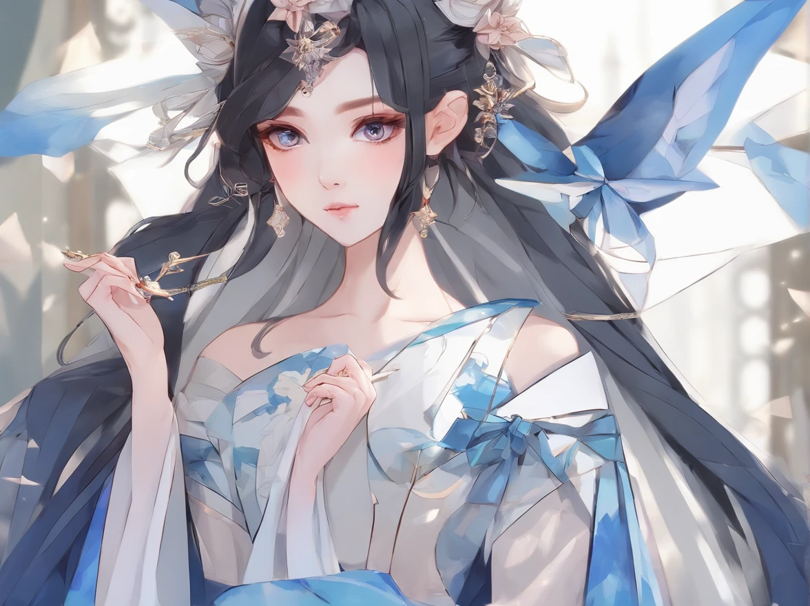 Anime girl and sword in white and blue dress, anime goddess, a beautiful fantasy empress, ((a beautiful fantasy empress)), palatial palace , a girl in hanfu, Cute anime waifu in a nice dress, beautiful alluring anime woman, guweiz on pixiv artstation, guweiz on artstation pixiv, Detailed Digital Anime Art, detailed anime art