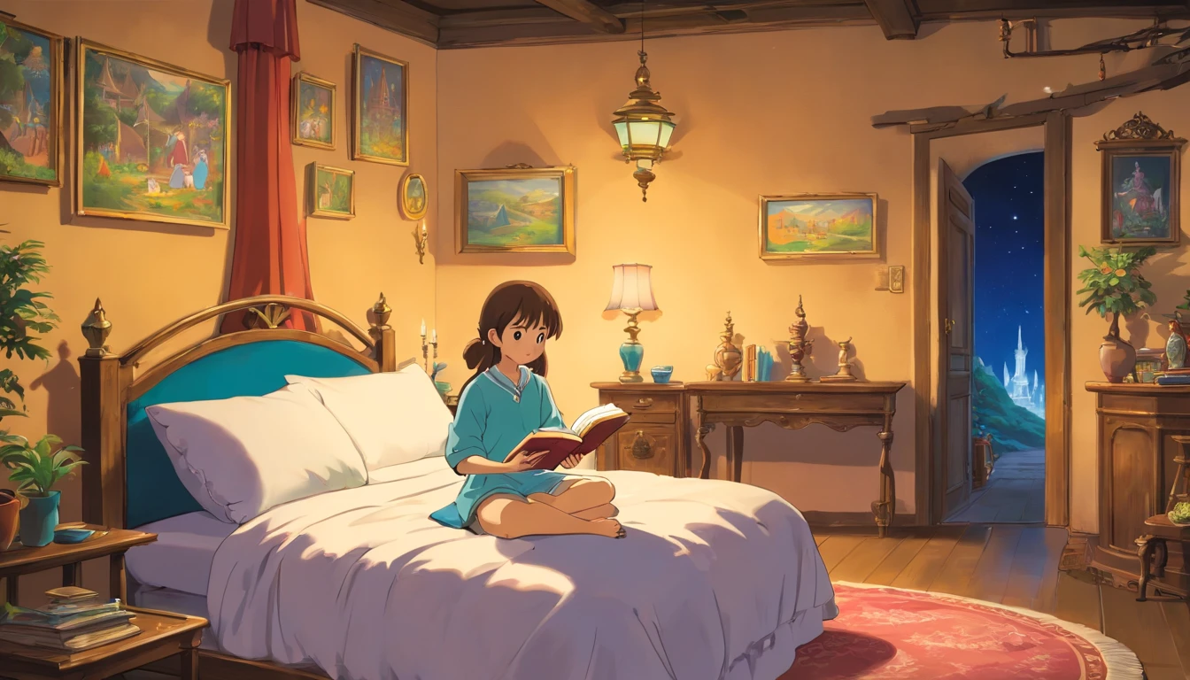 ((A 16 year old girl is sitting on her bed, reading a book about the spirit kingdom)),((fantasy)),beautiful,((fantasy)),detailed,4k,masterpiece,Studio Ghibli