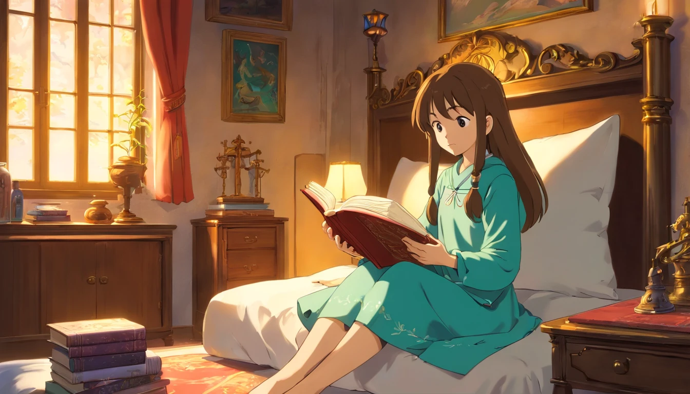 ((A 16 year old girl is sitting on her bed, reading a book about the spirit kingdom)),((fantasy)),beautiful,((fantasy)),detailed,4k,masterpiece,Studio Ghibli