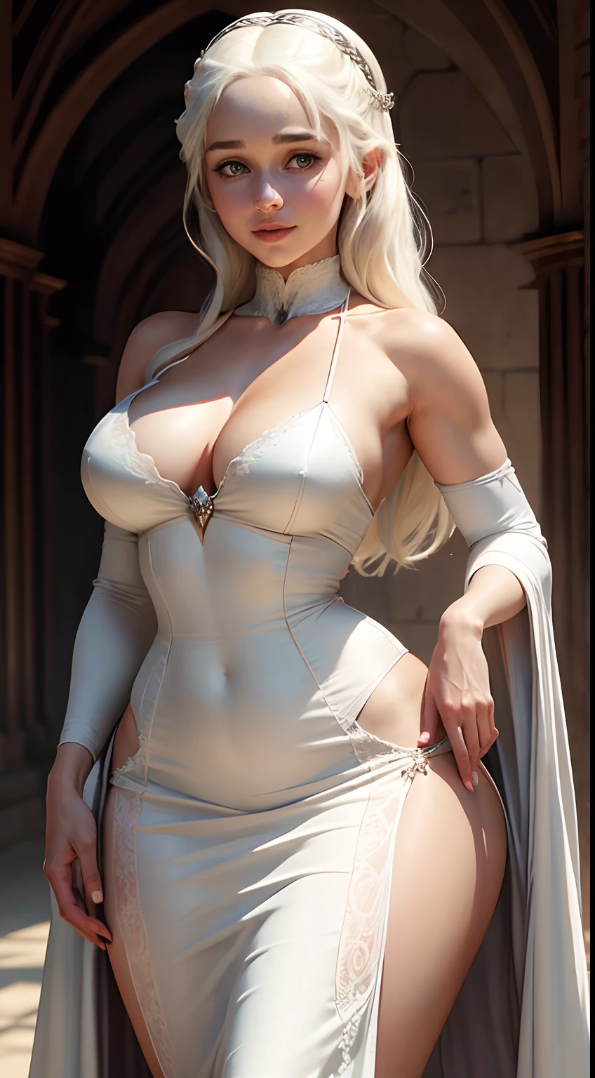 Daenerys Targaryen, sexy, looking at viewer, smiling, wearing gown and mini white blouse, seductive, wide hips, big breasts,