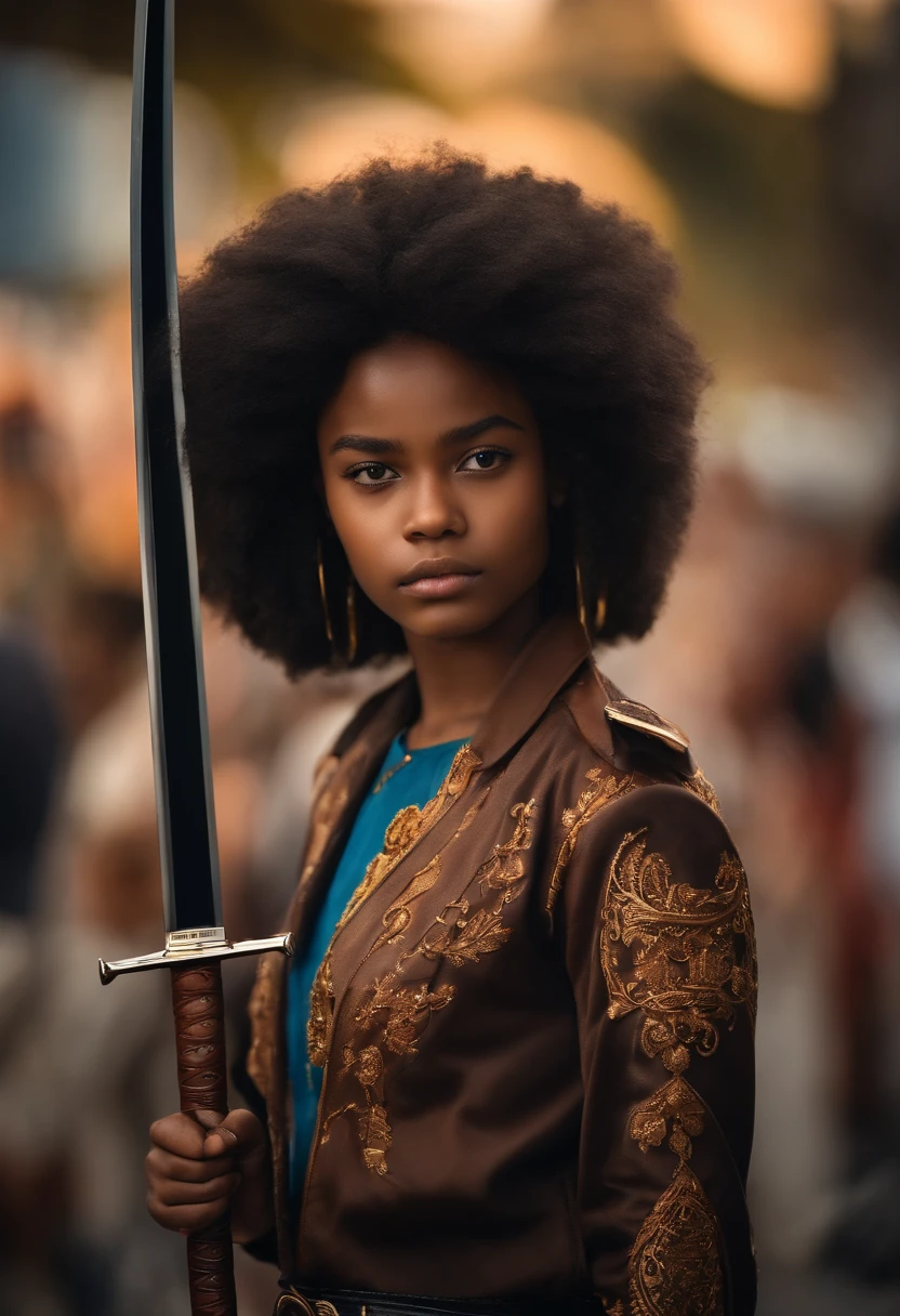 , agente FBI, terno e gravata, pele negra, cabelos afro, katana na cintura