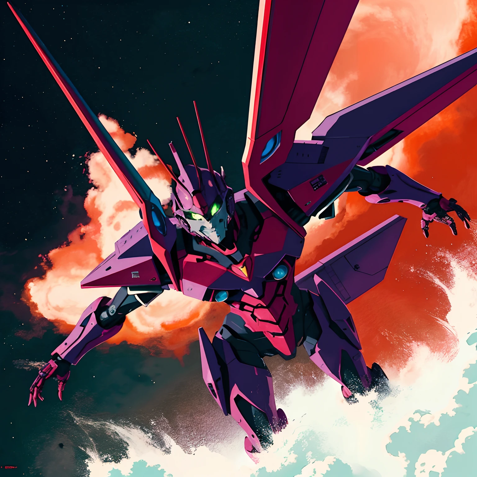 (galaxy),boom,EVA 01,(Red halo),Evagod,Evangelion mecha, science fiction, looking a viewer, (official arts, Best Quality, Masterpiece:1.2), illustartion, hight resolution, beautiful abstract background, Futurism, ciberpunk, intense angle, full length