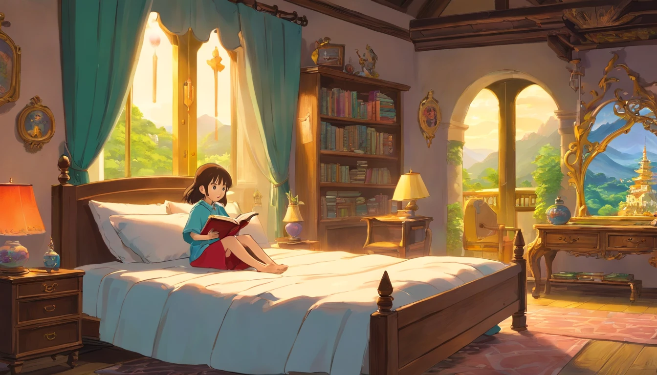 (an 8 year old girl is sitting on her bed, reading a book about the spirit kingdom in a fantastic landscape)),((fantasy)),beautiful,((fantasy)),detailed,4k,masterpiece,Studio Ghibli
