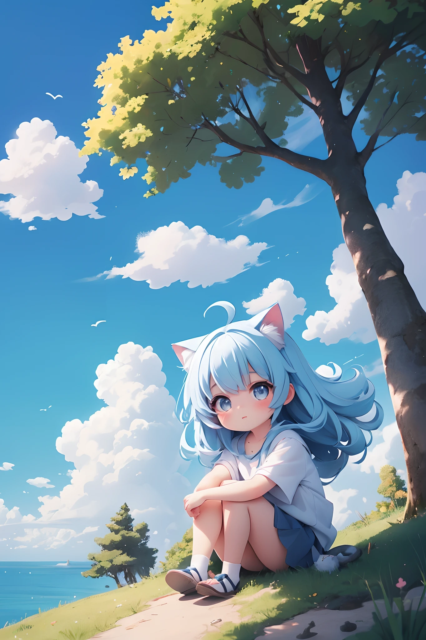 masterpiece,best quality,absurdres,A anime, girl sitting on the hill looking at sky,chibi,with her hair blowing in clear day,with cat,(blue sky:1.25),sideway glance,young girl,cloud,endless sea,noon,summer,floating hair,cumulus clouds,forest,tree,face focus,cute,