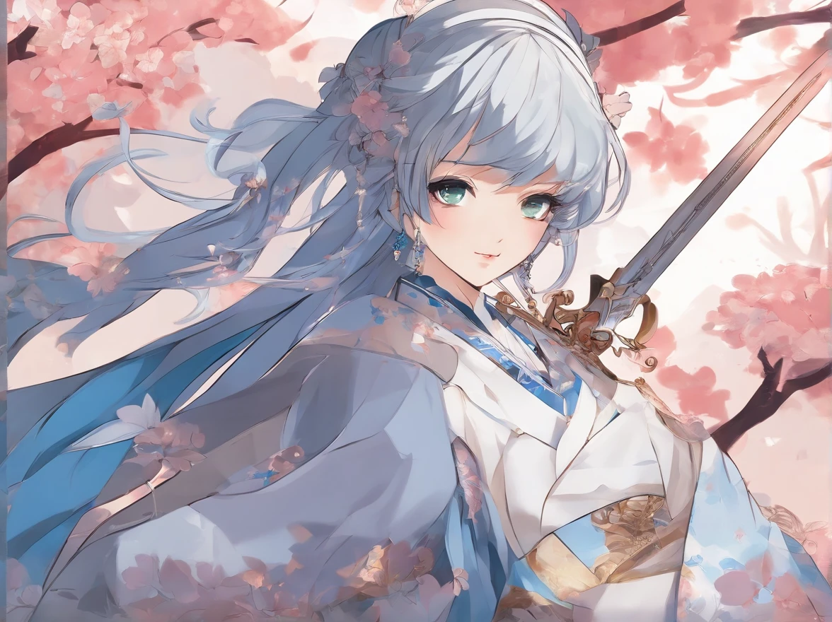 Anime girl and sword in white and blue dress, anime goddess, a beautiful fantasy empress, ((a beautiful fantasy empress)), palatial palace , a girl in hanfu, Cute anime waifu in a nice dress, beautiful alluring anime woman, guweiz on pixiv artstation, guweiz on artstation pixiv, Detailed Digital Anime Art, detailed anime art