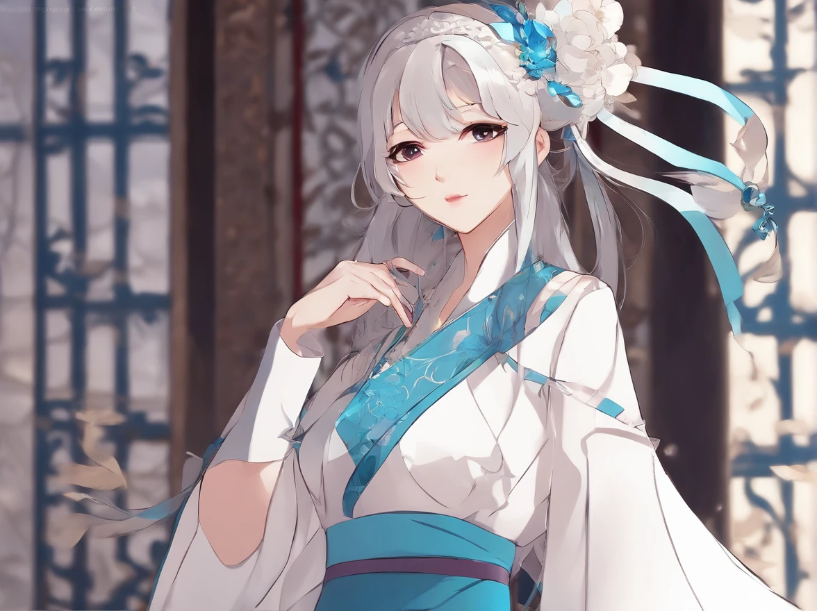Anime girl and sword in white and blue dress, anime goddess, a beautiful fantasy empress, ((a beautiful fantasy empress)), palatial palace , a girl in hanfu, Cute anime waifu in a nice dress, beautiful alluring anime woman, guweiz on pixiv artstation, guweiz on artstation pixiv, Detailed Digital Anime Art, detailed anime art