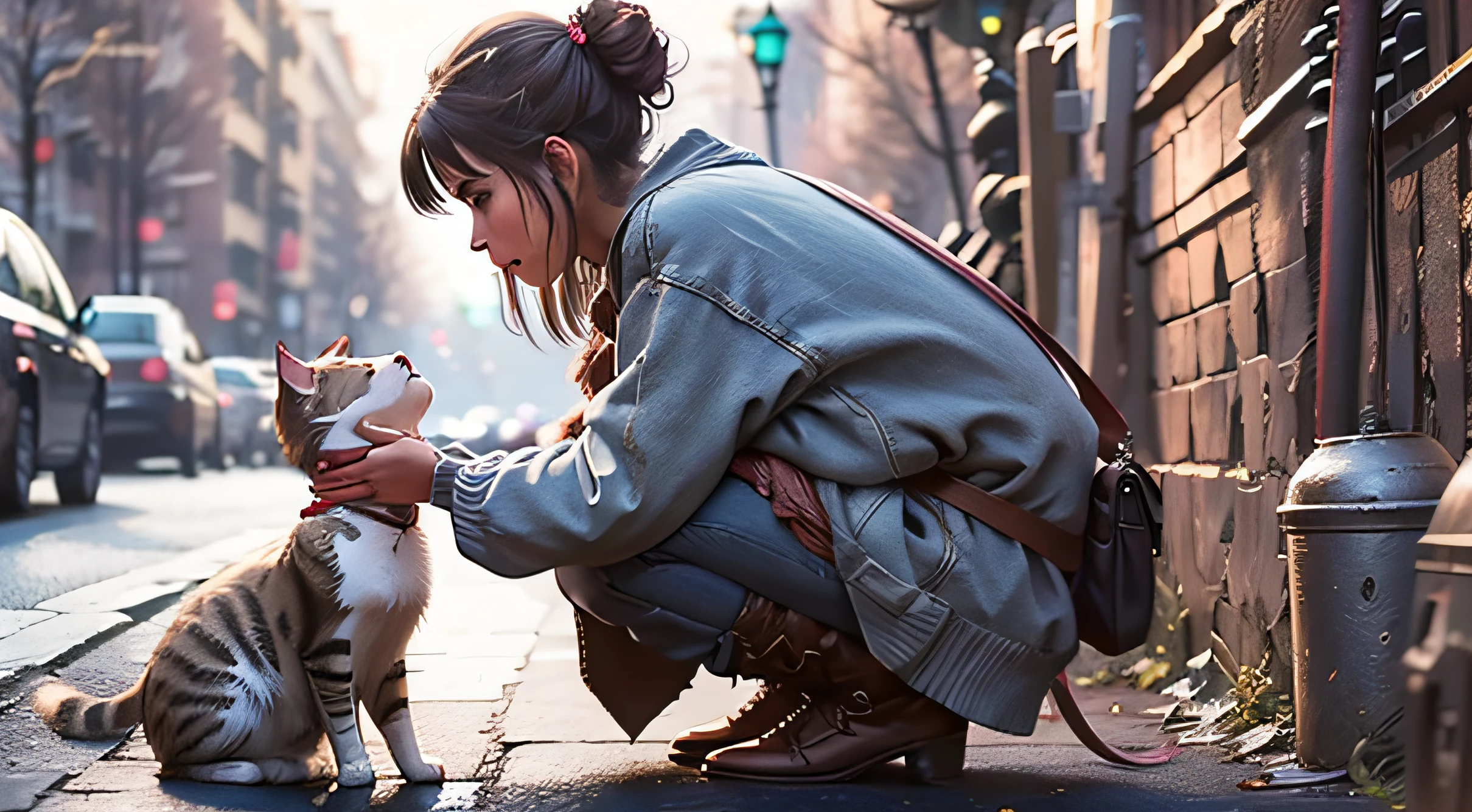 woman looking at a cat taking a
